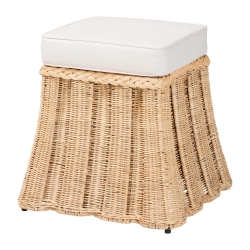 bali & pari Rotem Natural Rattan Ottoman with Cushion - Handwoven Wicker Pleated Skirt Accent Coffee Table or Extra Seating for Living Room or Sunroom, Small